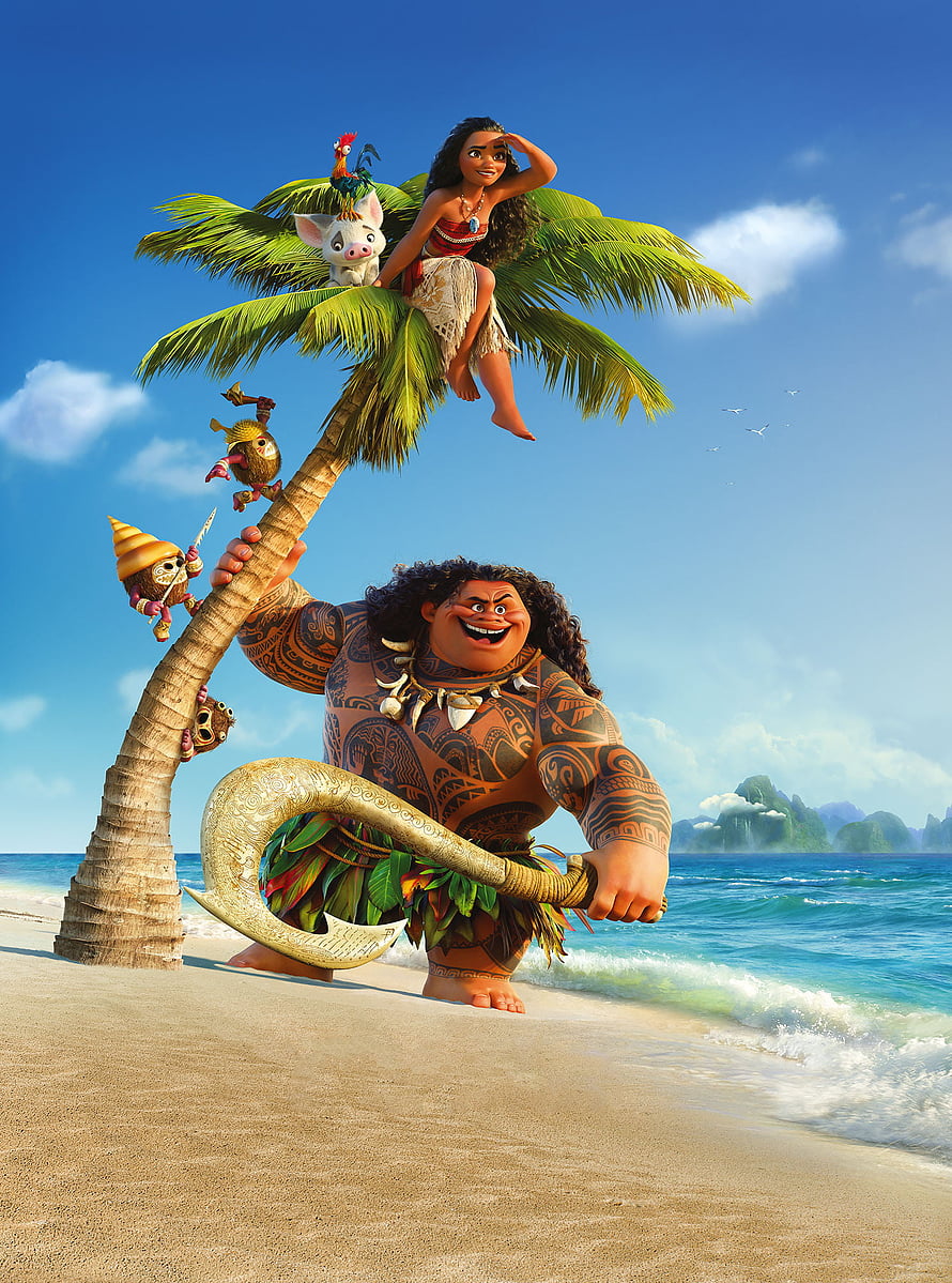 Moana and Maui on a Tropical Beach with Pua and Heihei HD phone wallpaper