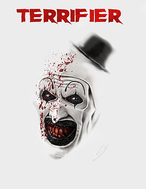 Terrifier Artwork: Blood-Splattered Killer Clown Mask with Top Hat HD phone wallpaper