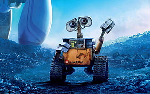 WALL-E Robot Waving in a Post-Apocalyptic Junkyard with Spaceship in Background HD wallpaper
