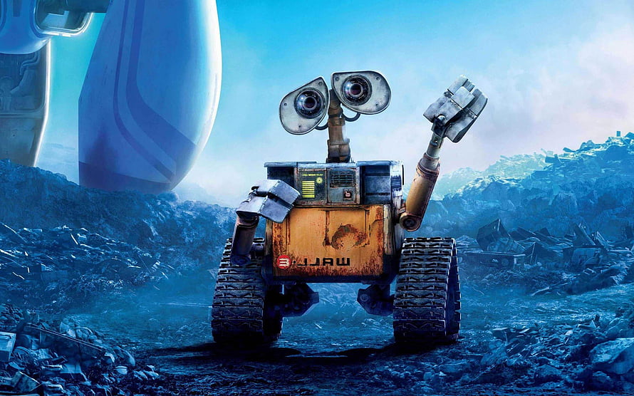 WALL-E Robot Waving in a Post-Apocalyptic Junkyard with Spaceship in Background HD wallpaper
