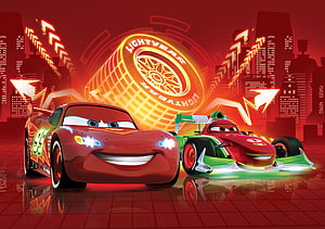 Lightning McQueen and Francesco Bernoulli in a Neon Red Cityscape from Disney Pixar Cars HD wallpaper
