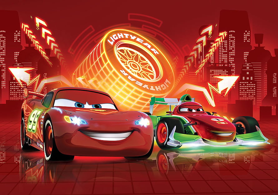 Lightning McQueen and Francesco Bernoulli in a Neon Red Cityscape from Disney Pixar Cars HD wallpaper