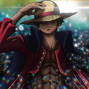 Monkey D. Luffy in Red Coat and Straw Hat with Glittering Background HD phone wallpaper