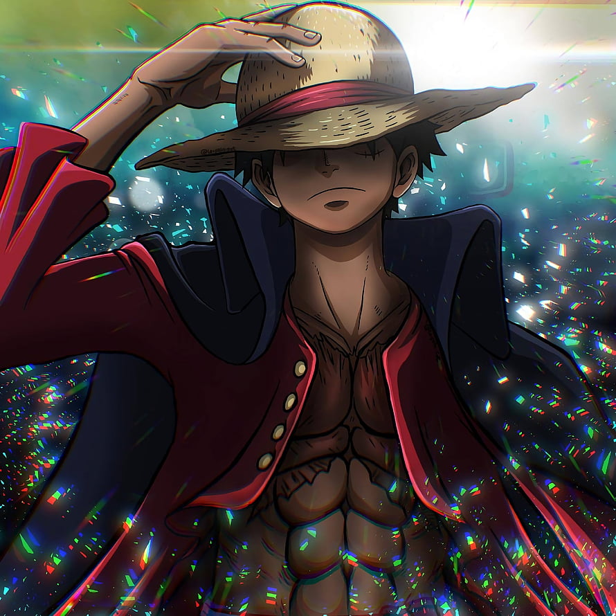 Monkey D. Luffy in Red Coat and Straw Hat with Glittering Background HD phone wallpaper