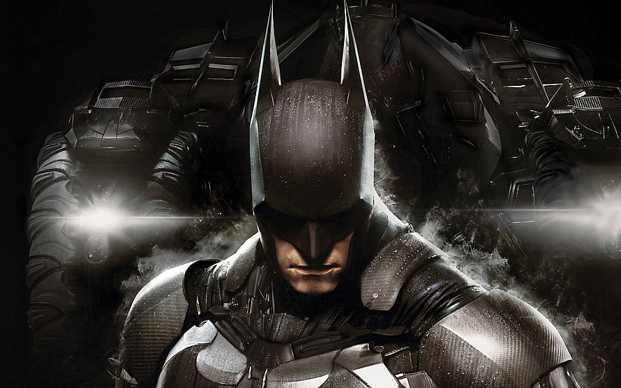 Batman Arkham Knight in Tactical Armor with Batmobile in Dark Foggy Night HD wallpaper