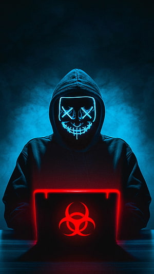 Anonymous Hacker in Hooded Sweatshirt with Glowing Biohazard Symbol and Digital Mask HD phone wallpaper