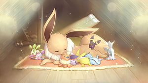 Eevee and its evolutions resting together in a warm, sunlit room HD wallpaper