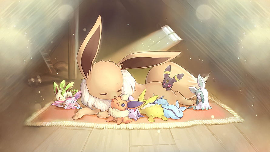 Eevee and its evolutions resting together in a warm, sunlit room HD wallpaper
