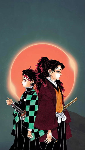 Tanjiro and Yoriichi Standing Before a Red Moon in Demon Slayer Anime Art HD phone wallpaper