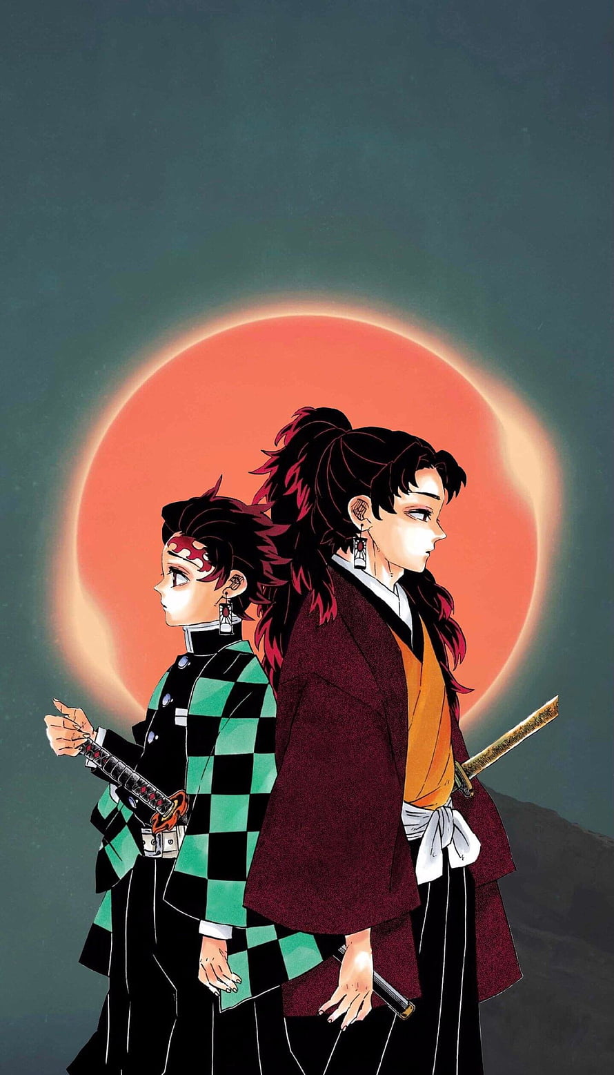 Tanjiro and Yoriichi Standing Before a Red Moon in Demon Slayer Anime Art HD phone wallpaper