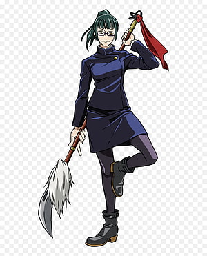 Maki Zenin from Jujutsu Kaisen wielding a feathered spear in a confident pose HD phone wallpaper