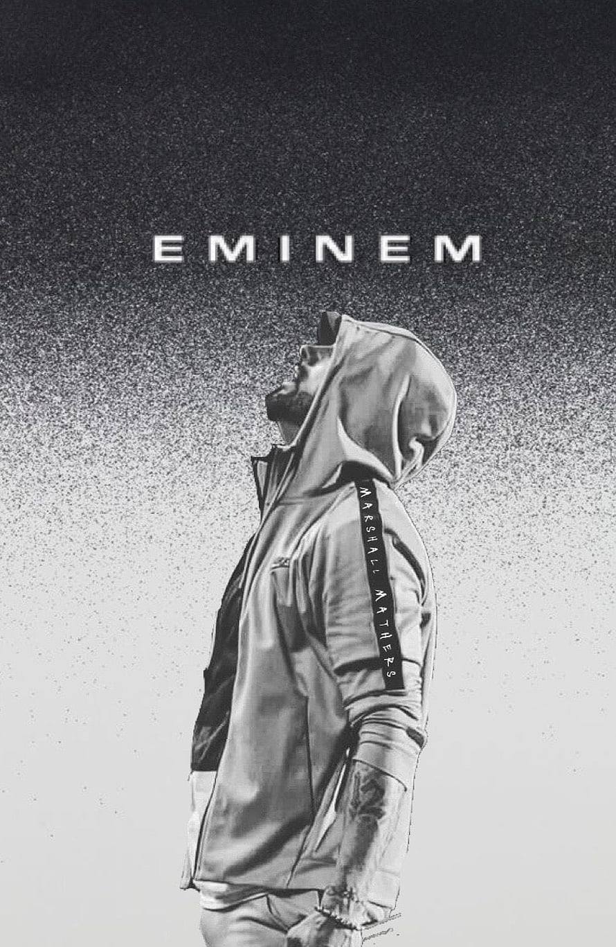 Eminem in a hooded jacket looking upward against a grainy black and white background HD phone wallpaper
