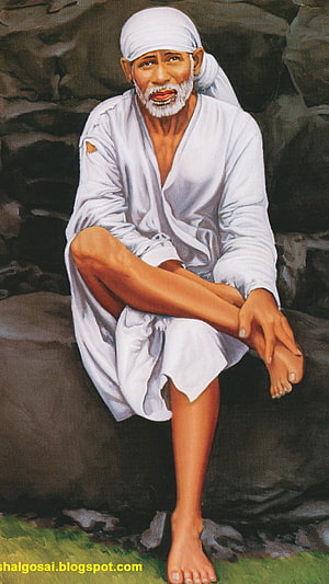 Sai Baba of Shirdi Portrait in White Robes and Turban Seated on Rock HD phone wallpaper