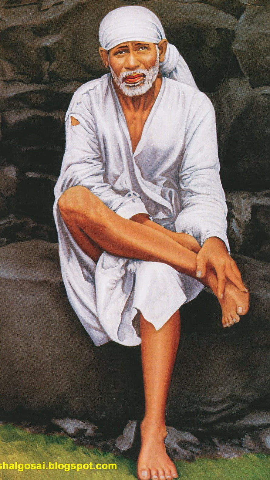 Sai Baba of Shirdi Portrait in White Robes and Turban Seated on Rock HD phone wallpaper