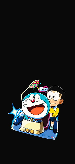 Doraemon and Nobita Riding a Flying Machine with a Star Propeller on a Black Background HD phone wallpaper