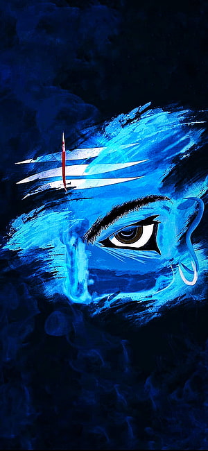 Lord Shiva Blue Ink Portrait With Trishul And Crescent Moon HD phone wallpaper