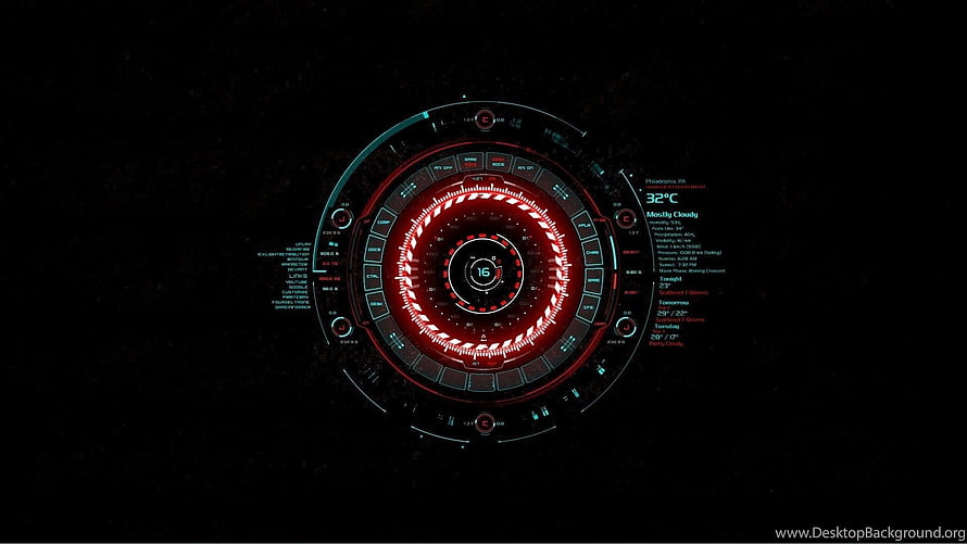 Futuristic Red Circular HUD Interface with Weather Data on Black Background HD wallpaper