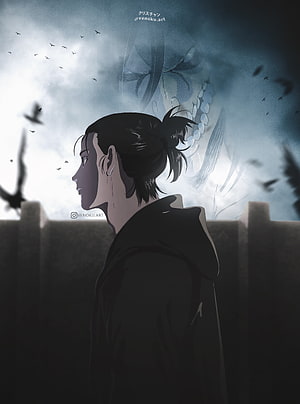 Eren Yeager Profile with Titan Silhouette in Dark Stormy Sky HD phone wallpaper