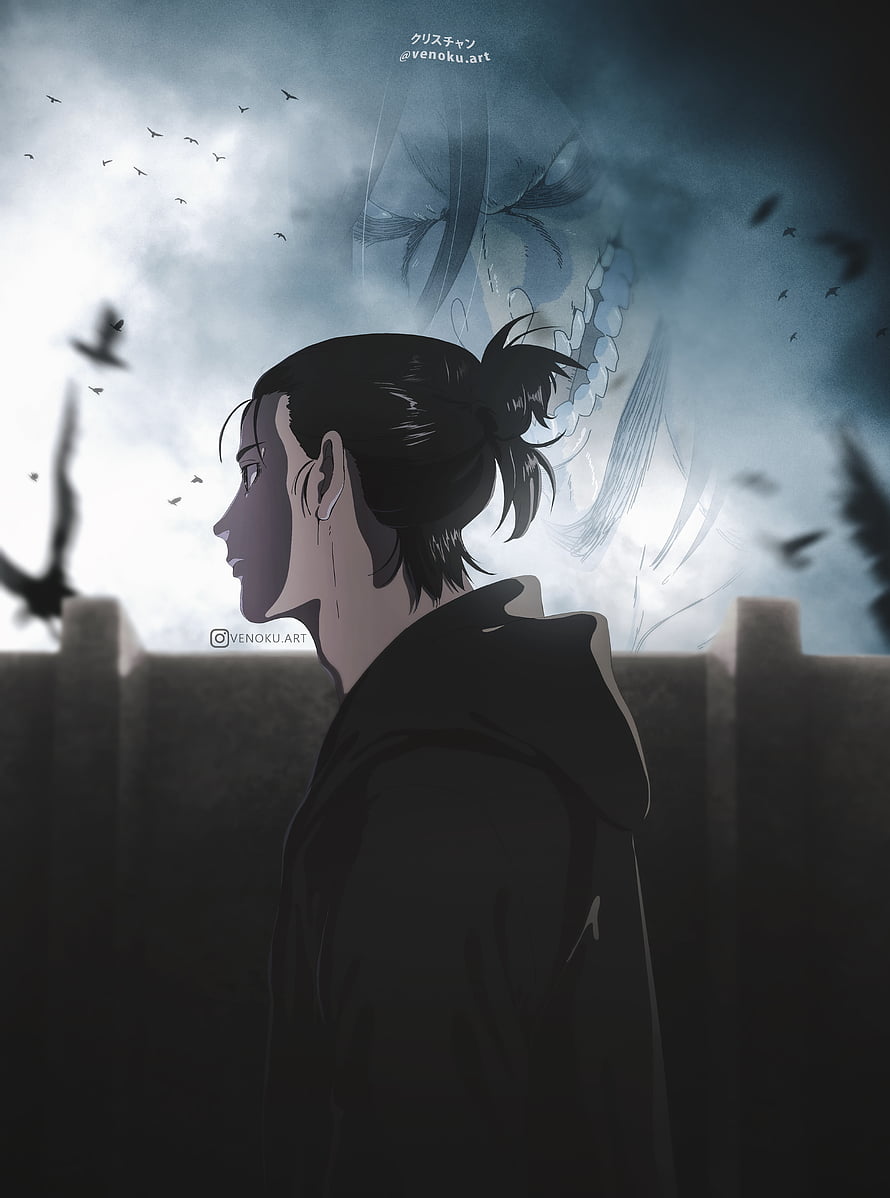 Eren Yeager Profile with Titan Silhouette in Dark Stormy Sky HD phone wallpaper