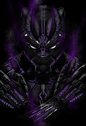 Black Panther Digital Artwork with Purple Neon Accents and Tribal Armor Design HD phone wallpaper