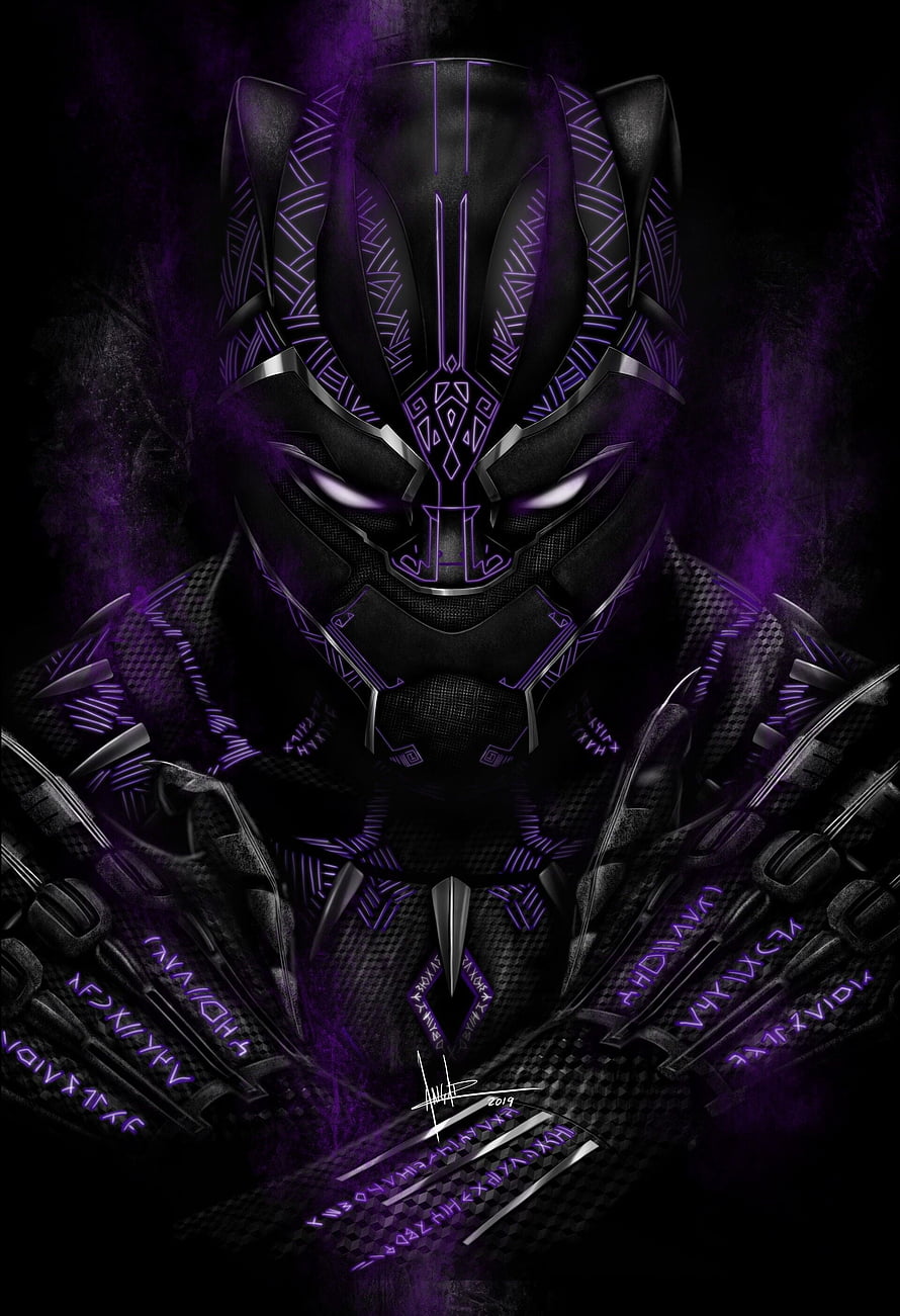 Black Panther Digital Artwork with Purple Neon Accents and Tribal Armor Design HD phone wallpaper
