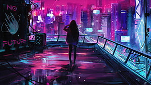 Woman Silhouette on Rooftop Overlooking Neon Cyberpunk Cityscape at Night, Woman in Cyberpunk City 1440P Resolution , Fantasy , , and Background, 2560X1440 Cyberpunk HD wallpaper