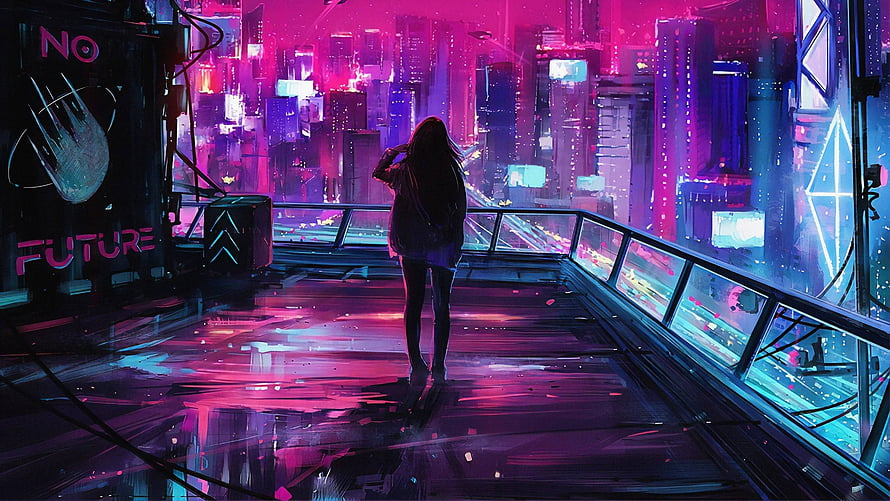 Woman Silhouette on Rooftop Overlooking Neon Cyberpunk Cityscape at Night HD wallpaper