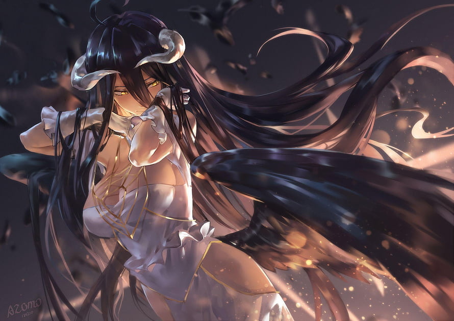 Albedo from Overlord Anime in White Dress with Flowing Black Hair and Golden Eyes HD wallpaper