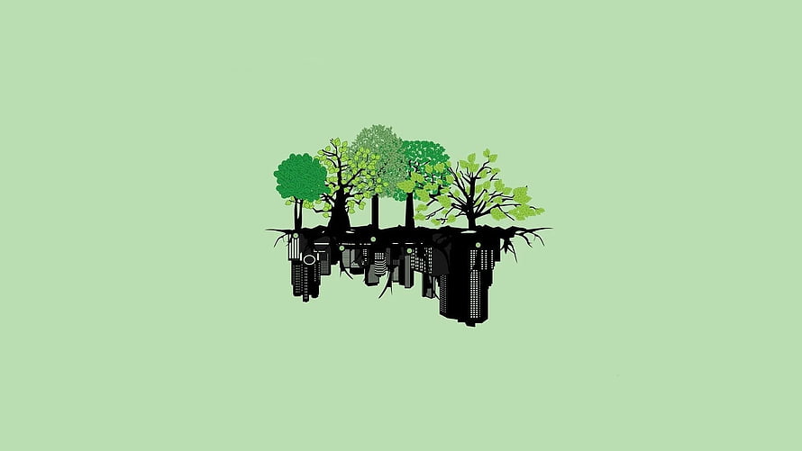 Minimalist Floating Island Illustration with Trees and Urban Structures on a Soft Green Background HD wallpaper