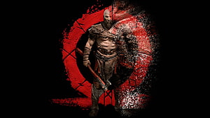 Kratos from God of War standing before a bold red brushstroke emblem on a dark background HD wallpaper
