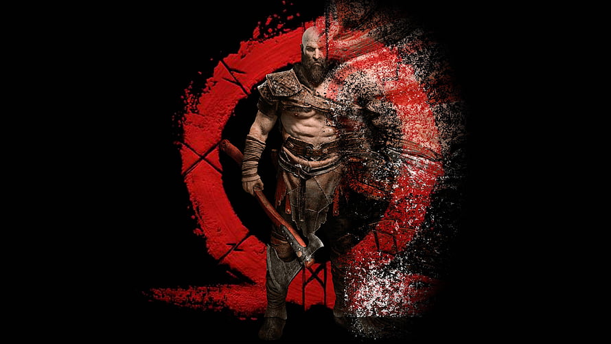 Kratos from God of War standing before a bold red brushstroke emblem on a dark background HD wallpaper