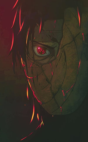 Obito Uchiha Sharingan Eye Close-Up in Dark Red Anime Illustration HD phone wallpaper