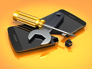 Broken Smartphone with Wrench and Screwdriver on Orange Background HD wallpaper