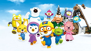 Pororo and Friends in a Snowy Winter Landscape with Colorful Cartoon Characters HD wallpaper