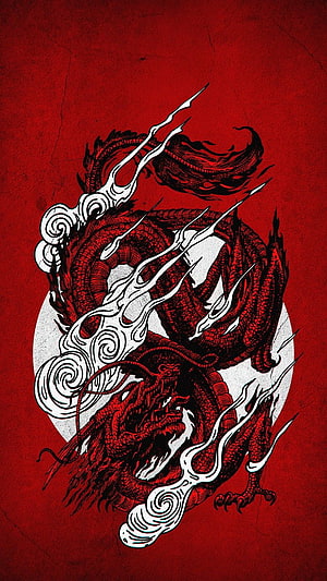 Red Japanese Dragon Illustration with White Clouds and Grunge Texture HD phone wallpaper