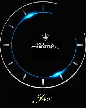 Rolex Oyster Perpetual Watch Face with Blue Glow and J-Roc Signature on Black Background HD phone wallpaper