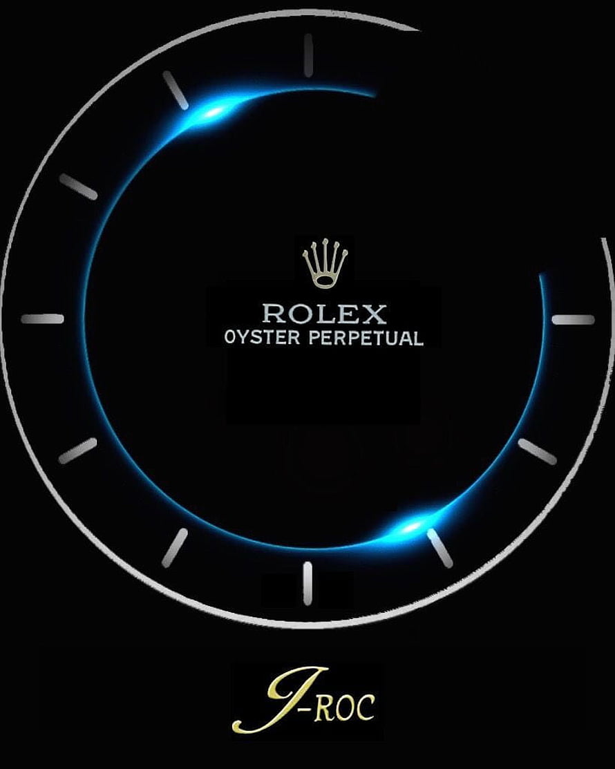 Rolex Oyster Perpetual Watch Face with Blue Glow and J-Roc Signature on Black Background HD phone wallpaper