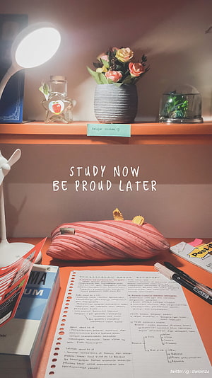 Cozy Study Desk Setup with Motivational Quote and Organized Notes HD phone wallpaper