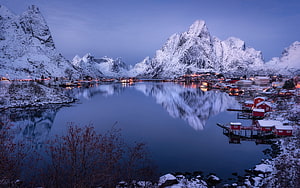 Reine Village in Lofoten Norway with Snow-Capped Mountains and Red Cabins at Dusk HD wallpaper