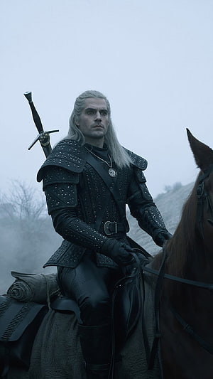 Geralt of Rivia on Horseback in Dark Armor from The Witcher Series HD phone wallpaper