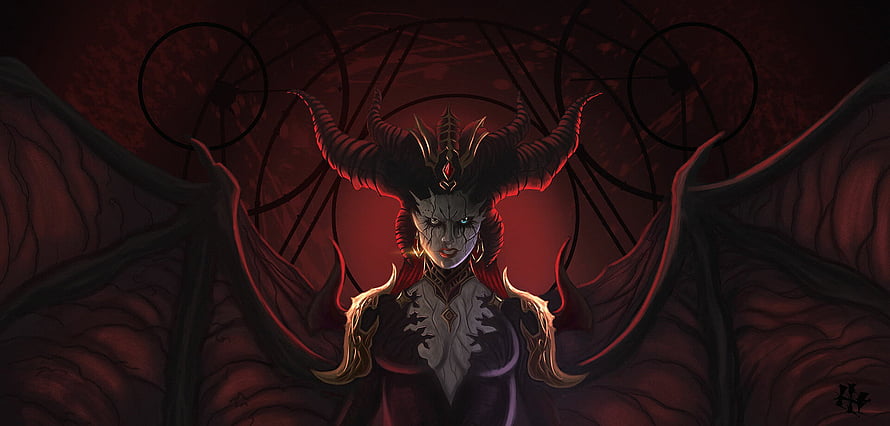 Lilith from Diablo IV with dark wings and horns in a red mystical setting HD wallpaper