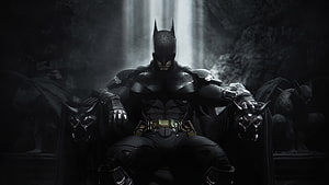 Batman Seated on a Throne in a Dark Cave with Dramatic Lighting, Batman, sitting on throne, dark, superhero art HD wallpaper