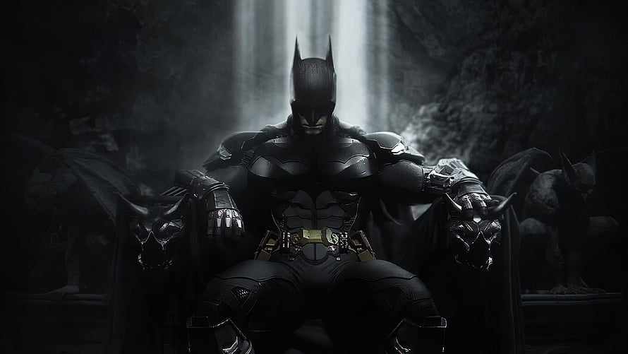 Batman Seated on a Throne in a Dark Cave with Dramatic Lighting, Batman, sitting on throne, dark, superhero art HD wallpaper