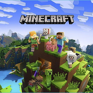 Minecraft Blocky Characters and Creatures on a Floating Island Landscape HD phone wallpaper