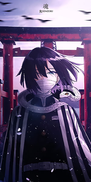 Obanai Iguro from Demon Slayer Standing Before a Red Torii Gate with a White Snake HD phone wallpaper