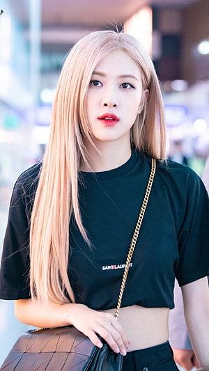 Rose from Blackpink in a Black Saint Laurent Crop Top with Long Blonde Hair HD phone wallpaper