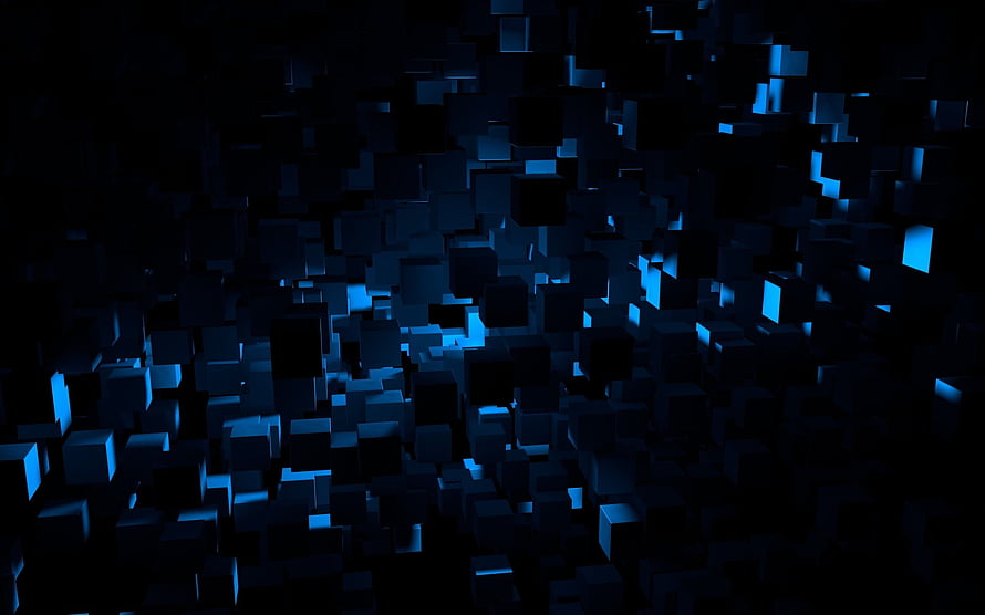 Abstract Dark Blue 3D Cube Field with Glowing Edges and Deep Shadows HD wallpaper