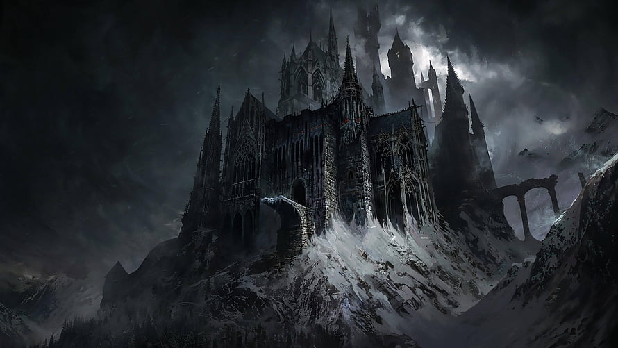 Gothic Dark Fantasy Castle on Snowy Mountain Peak Under Stormy Night Sky HD wallpaper