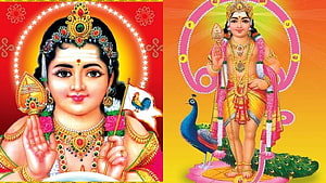 Lord Murugan Devotional Artwork With Peacock And Flag HD wallpaper