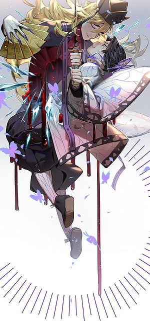 Doma from Demon Slayer in a dramatic anime illustration with a fallen companion and floating butterflies HD phone wallpaper
